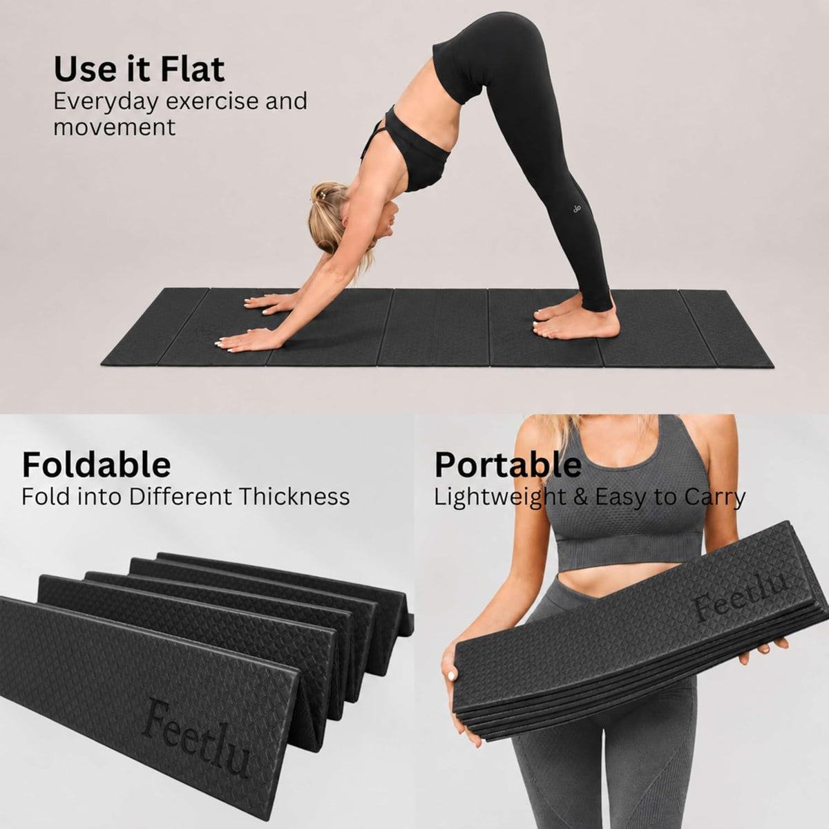 Foldable Yoga Exercise Mat, 6mm/8mm/10mm/12mm Thickness, 72 x 24 Inch - Lightweight, Anti-Slip, and Easy to Store for Yoga, Pilates, Home Workouts, and Floor Exercises