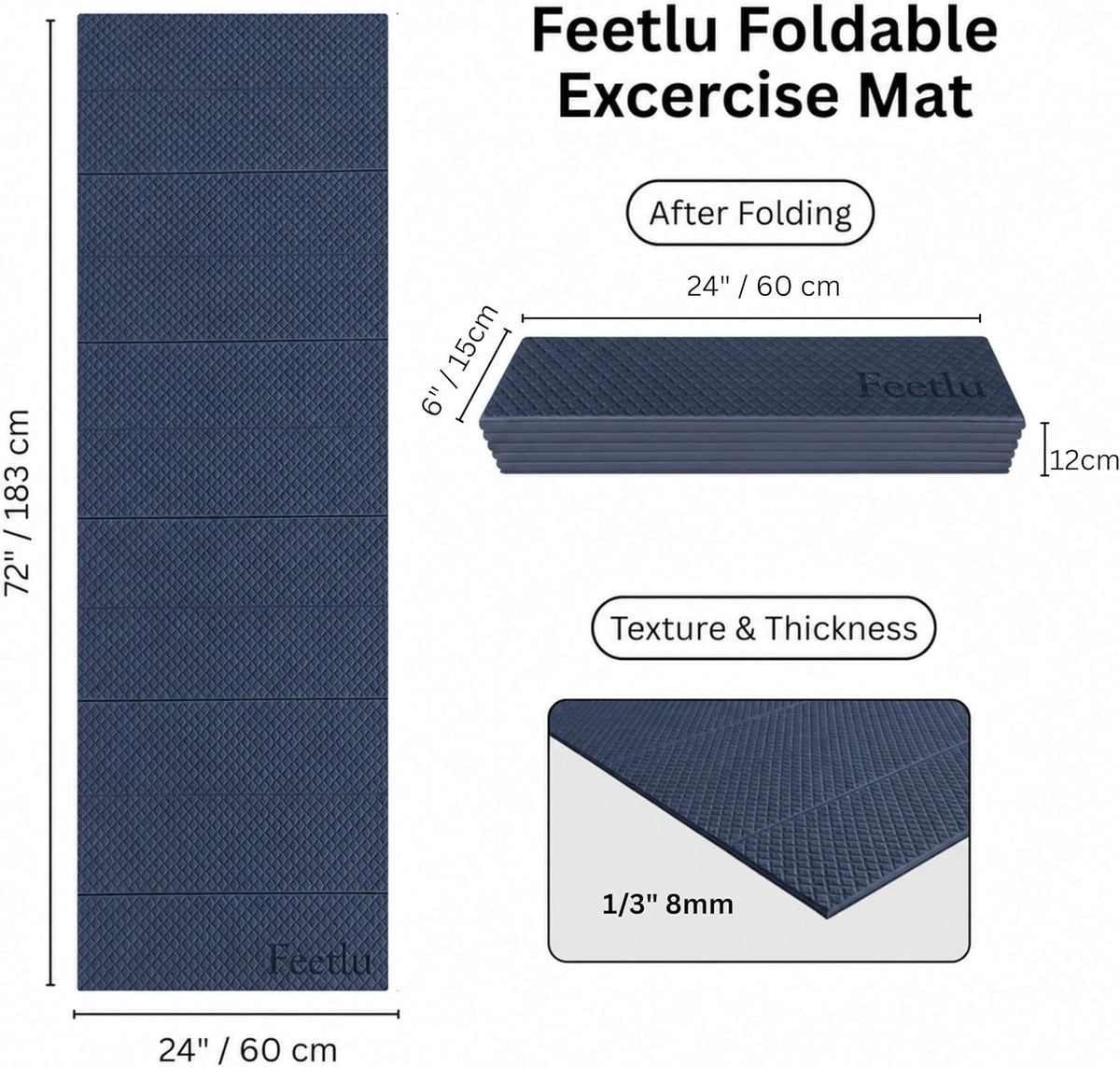 Foldable Yoga Exercise Mat, 6mm/8mm/10mm/12mm Thickness, 72 x 24 Inch - Lightweight, Anti-Slip, and Easy to Store for Yoga, Pilates, Home Workouts, and Floor Exercises