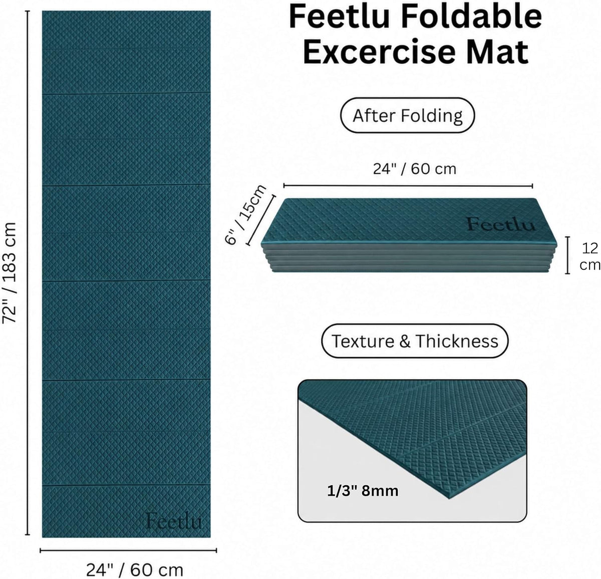 Foldable Yoga Exercise Mat, 6mm/8mm/10mm/12mm Thickness, 72 x 24 Inch - Lightweight, Anti-Slip, and Easy to Store for Yoga, Pilates, Home Workouts, and Floor Exercises
