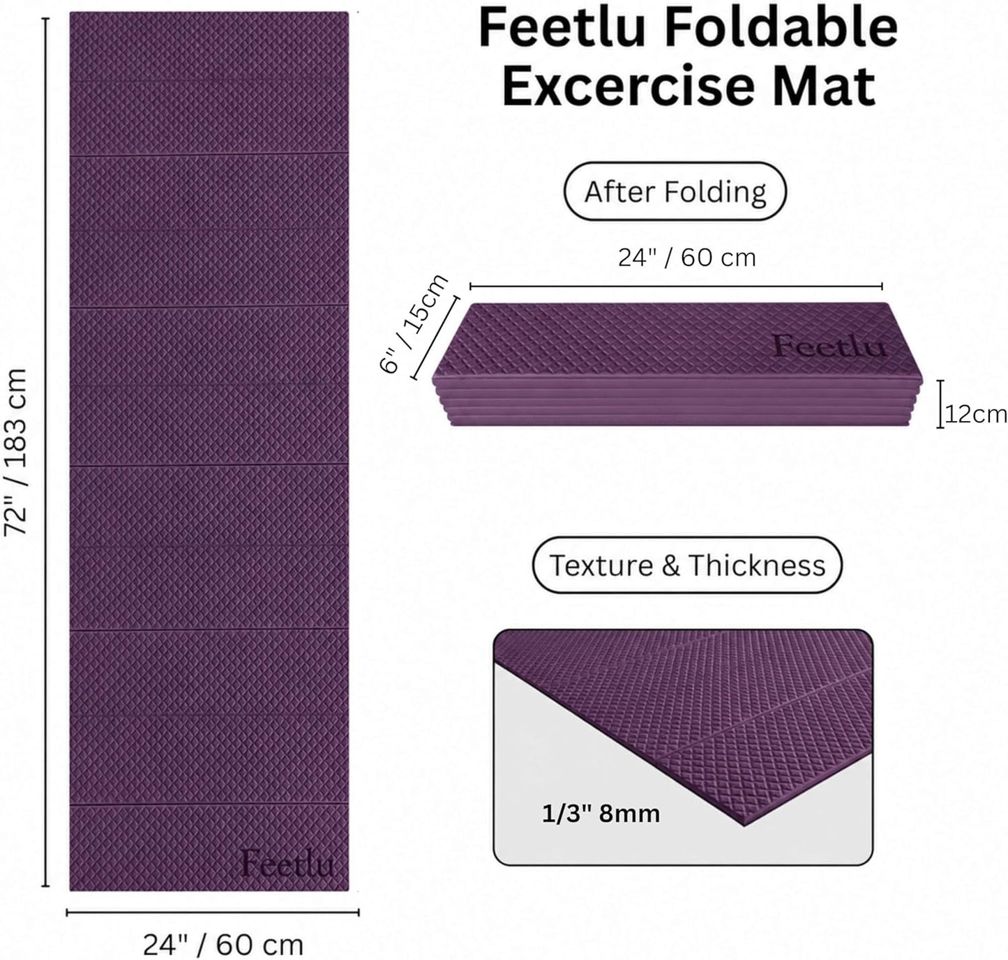 Foldable Yoga Exercise Mat, 6mm/8mm/10mm/12mm Thickness, 72 x 24 Inch - Lightweight, Anti-Slip, and Easy to Store for Yoga, Pilates, Home Workouts, and Floor Exercises