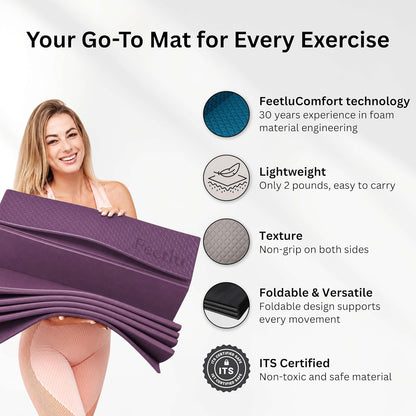Foldable Yoga Exercise Mat, 6mm/8mm/10mm/12mm Thickness, 72 x 24 Inch - Lightweight, Anti-Slip, and Easy to Store for Yoga, Pilates, Home Workouts, and Floor Exercises