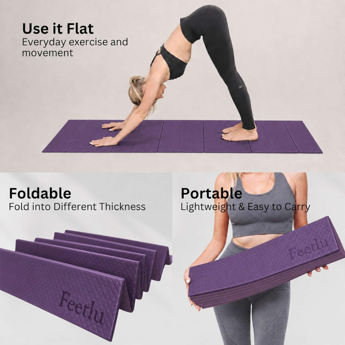 Foldable Yoga Exercise Mat, 6mm/8mm/10mm/12mm Thickness, 72 x 24 Inch - Lightweight, Anti-Slip, and Easy to Store for Yoga, Pilates, Home Workouts, and Floor Exercises