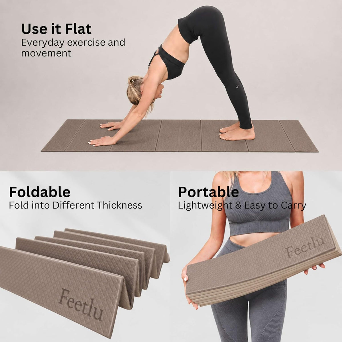Foldable Yoga Exercise Mat, 6mm/8mm/10mm/12mm Thickness, 72 x 24 Inch - Lightweight, Anti-Slip, and Easy to Store for Yoga, Pilates, Home Workouts, and Floor Exercises