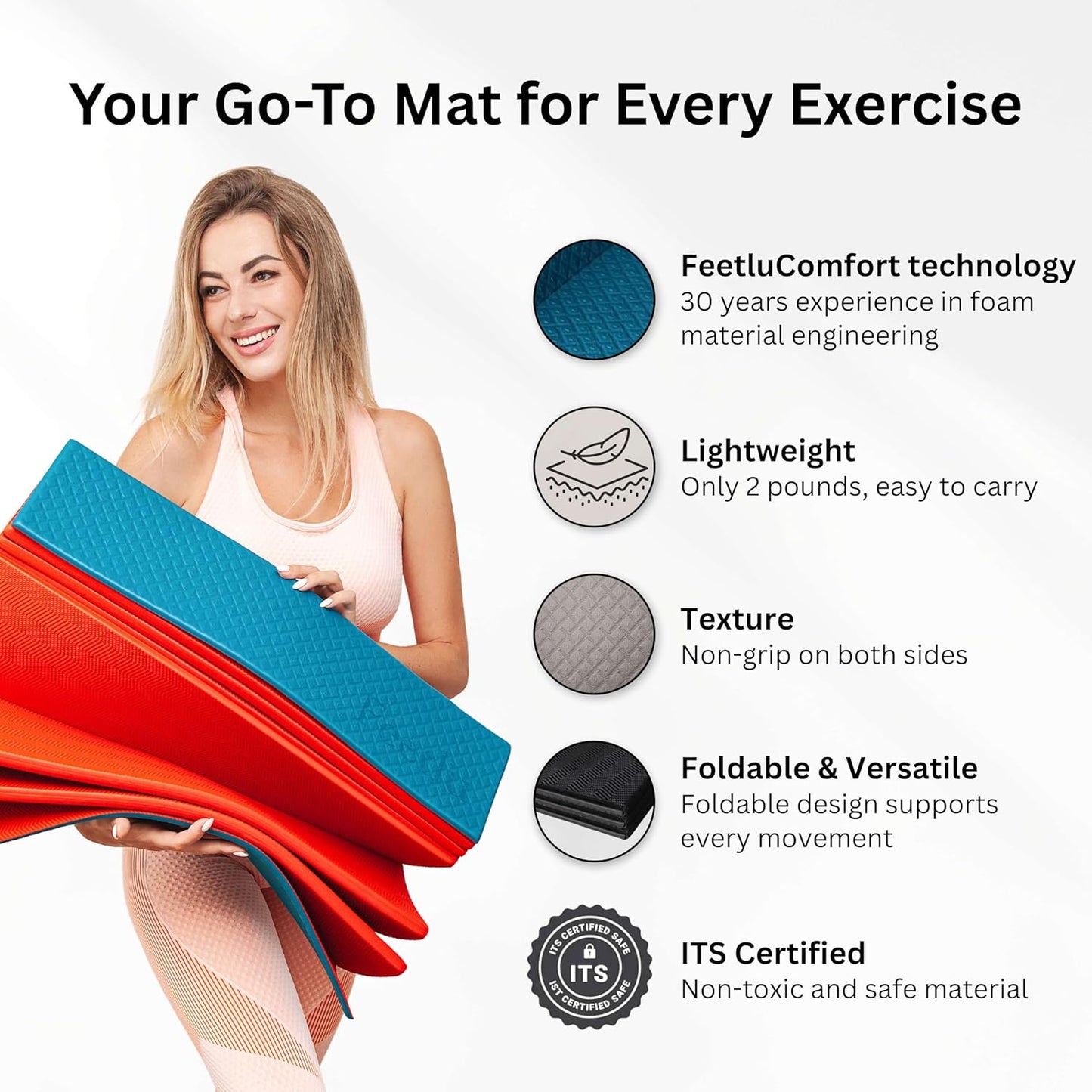 Foldable Yoga Exercise Mat, 6mm/8mm/10mm/12mm Thickness, 72 x 24 Inch - Lightweight, Anti-Slip, and Easy to Store for Yoga, Pilates, Home Workouts, and Floor Exercises