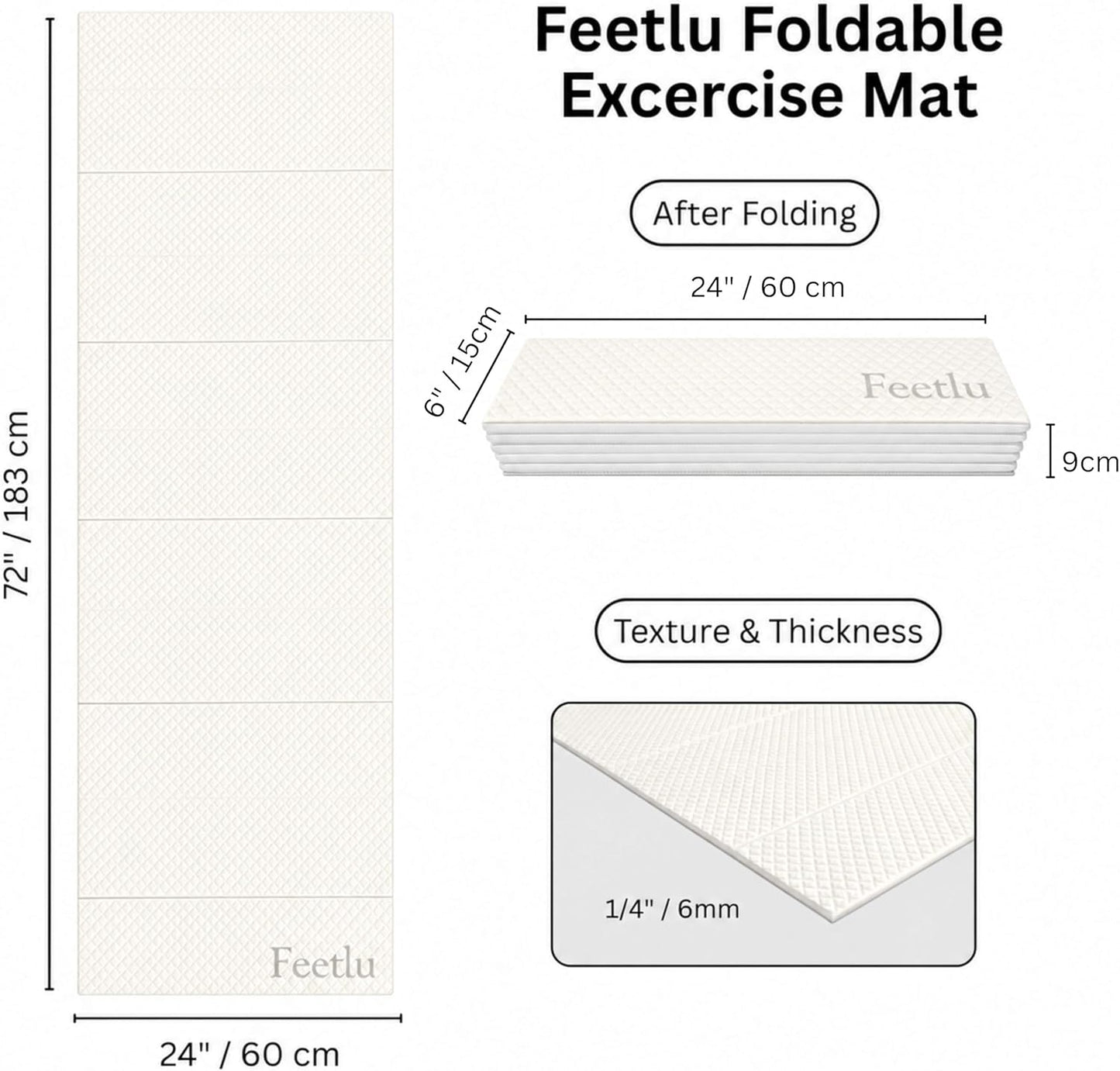 Foldable Yoga Exercise Mat, 6mm/8mm/10mm/12mm Thickness, 72 x 24 Inch - Lightweight, Anti-Slip, and Easy to Store for Yoga, Pilates, Home Workouts, and Floor Exercises