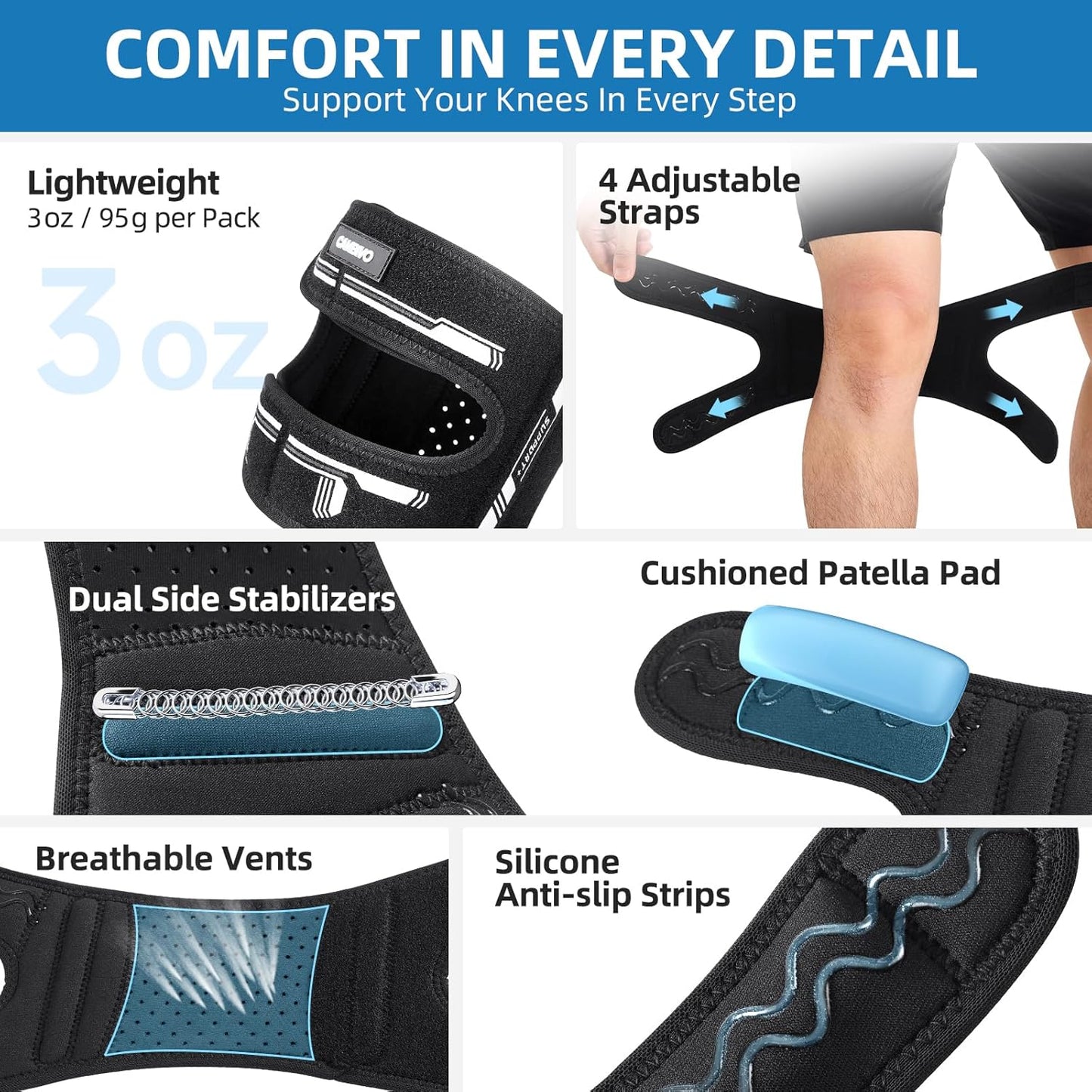 Patella Tendon Support Knee Brace for Women & Men, Adjustable Knee Strap with Gel Pad & Side Stabilizers, Breathable Lightweight Knee Support for Running, Training & Daily Use (Black, L/XL)