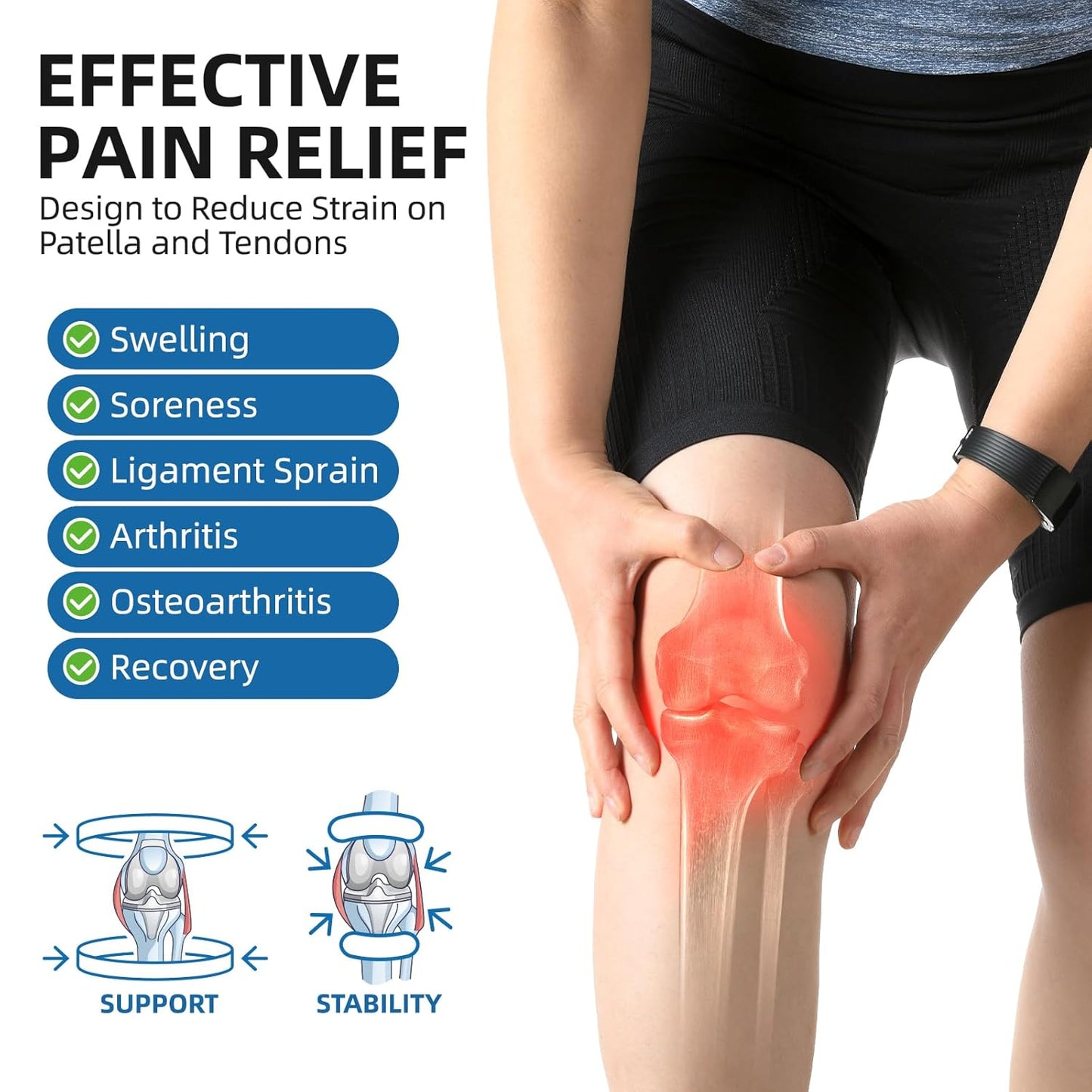 Patella Tendon Support Knee Brace for Women & Men, Adjustable Knee Strap with Gel Pad & Side Stabilizers, Breathable Lightweight Knee Support for Running, Training & Daily Use (Black, L/XL)