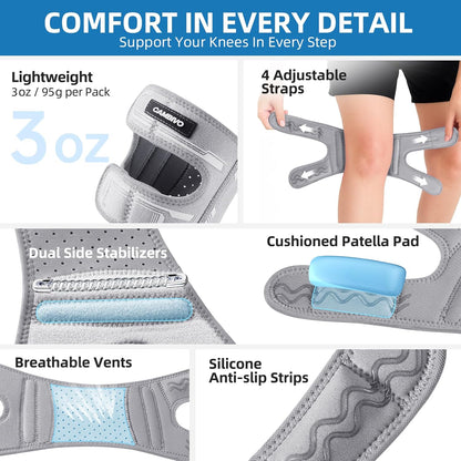 Patella Tendon Support Knee Brace for Women & Men, Adjustable Knee Strap with Gel Pad & Side Stabilizers, Breathable Lightweight Knee Support for Running, Training & Daily Use (Black, L/XL)