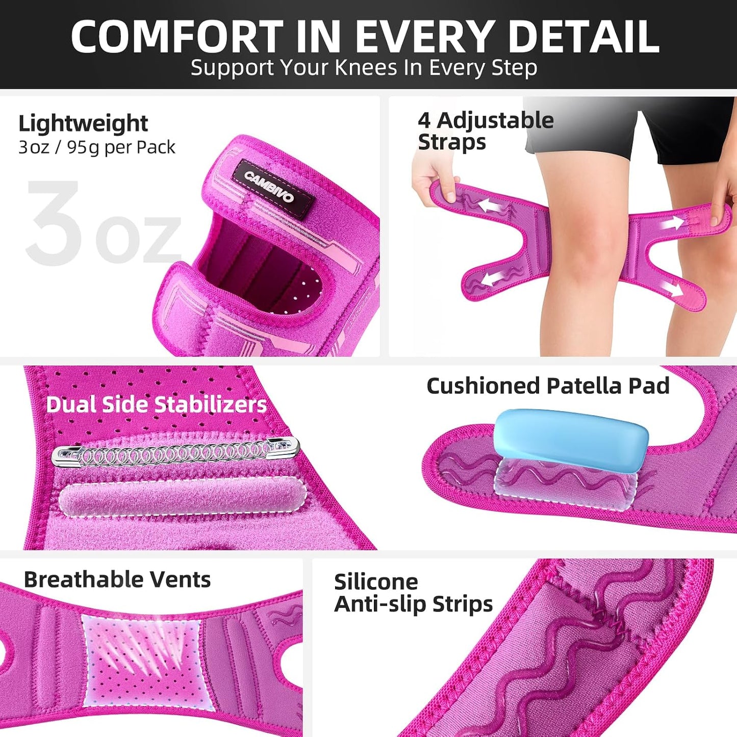 Patella Tendon Support Knee Brace for Women & Men, Adjustable Knee Strap with Gel Pad & Side Stabilizers, Breathable Lightweight Knee Support for Running, Training & Daily Use (Black, L/XL)