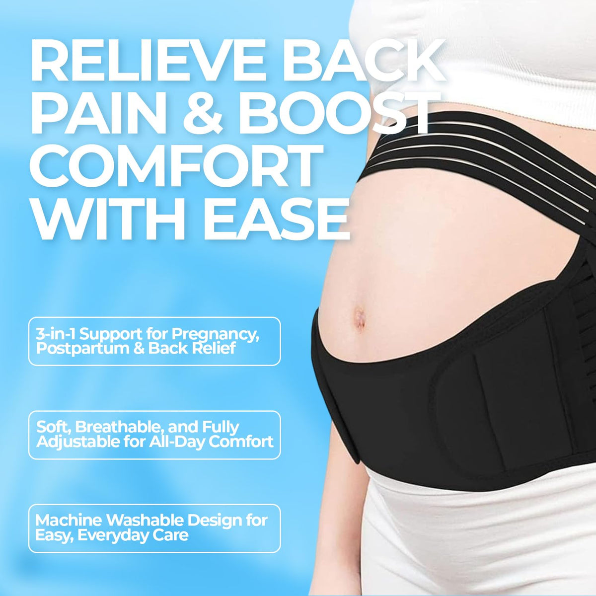 3-in-1 Maternity Abdominal Support Belt - Adjustable Pregnancy Belly Band for Prenatal & Postpartum Care, Relieves Back Pain - Machine Washable, Perfect for Expecting Moms