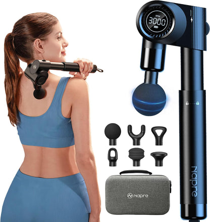 Foldable Massage Gun with Extension Handle & 5 Adjustable Angles,Deep Tissue Back Massage for Neck/Body Pain Relief,Handheld Percussion Muscle Massager,32 Speeds,6 Heads & Silent,with Case