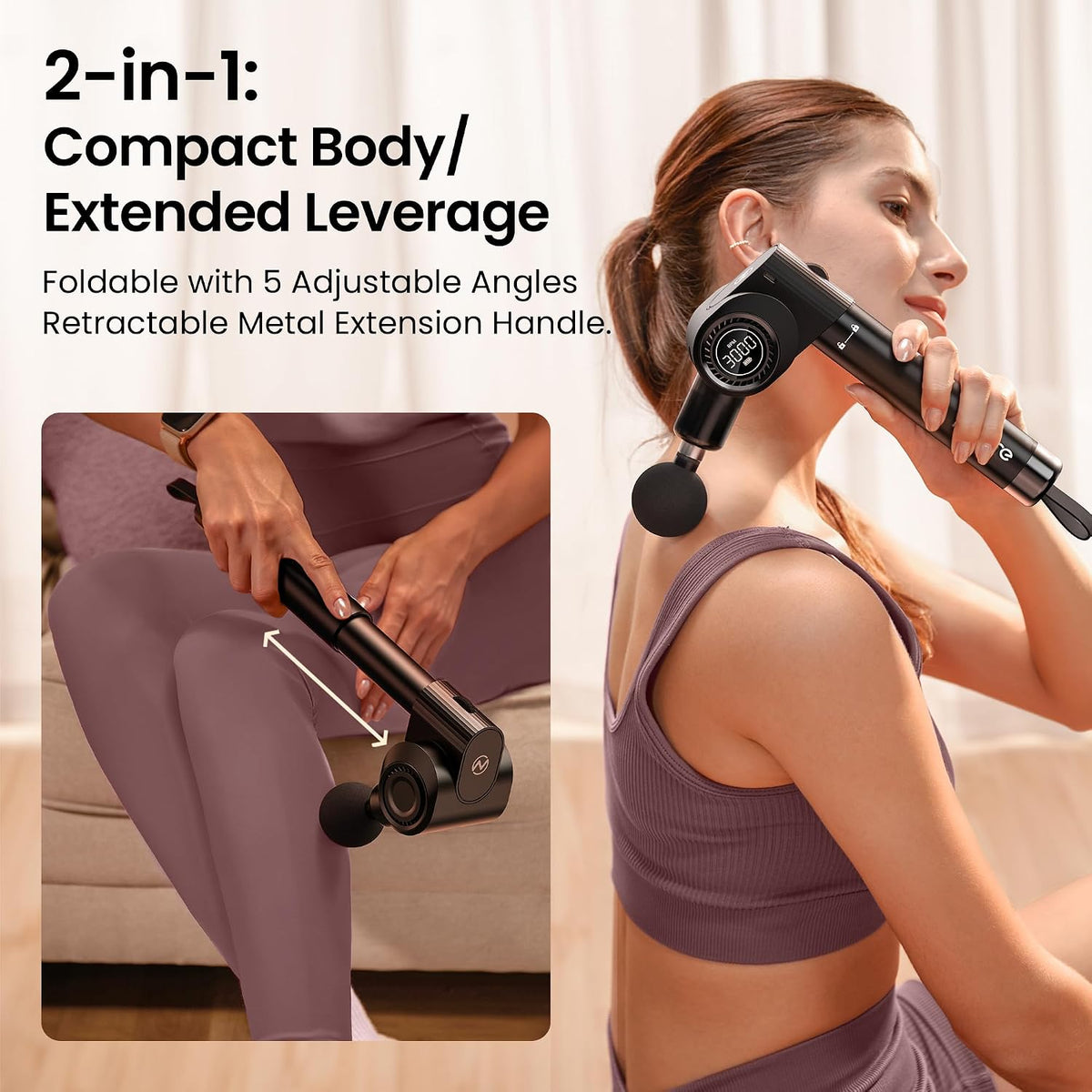 Foldable Massage Gun with Extension Handle & 5 Adjustable Angles,Deep Tissue Back Massage for Neck/Body Pain Relief,Handheld Percussion Muscle Massager,32 Speeds,6 Heads & Silent,with Case