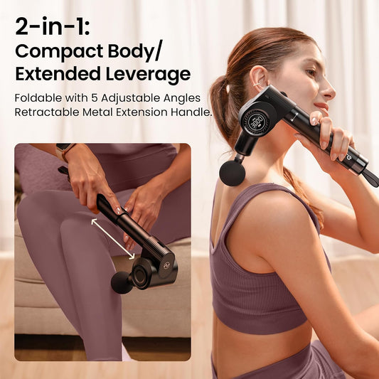 Foldable Massage Gun with Extension Handle & 5 Adjustable Angles,Deep Tissue Back Massage for Neck/Body Pain Relief,Handheld Percussion Muscle Massager,32 Speeds,6 Heads & Silent,with Case