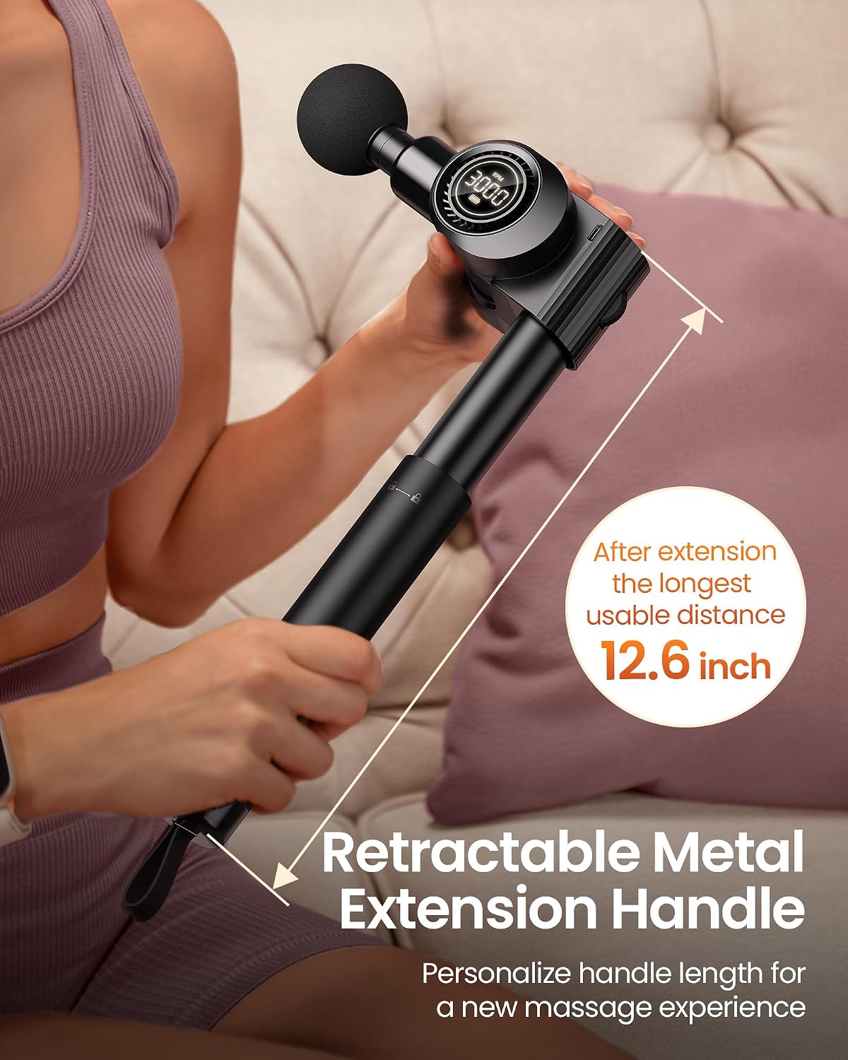 Foldable Massage Gun with Extension Handle & 5 Adjustable Angles,Deep Tissue Back Massage for Neck/Body Pain Relief,Handheld Percussion Muscle Massager,32 Speeds,6 Heads & Silent,with Case