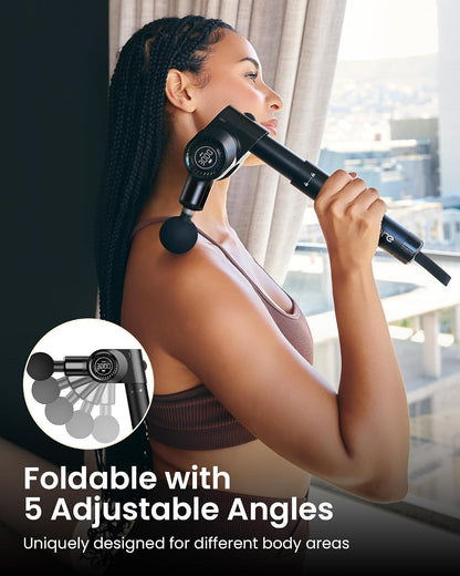 Foldable Massage Gun with Extension Handle & 5 Adjustable Angles,Deep Tissue Back Massage for Neck/Body Pain Relief,Handheld Percussion Muscle Massager,32 Speeds,6 Heads & Silent,with Case