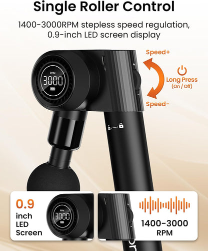Foldable Massage Gun with Extension Handle & 5 Adjustable Angles,Deep Tissue Back Massage for Neck/Body Pain Relief,Handheld Percussion Muscle Massager,32 Speeds,6 Heads & Silent,with Case