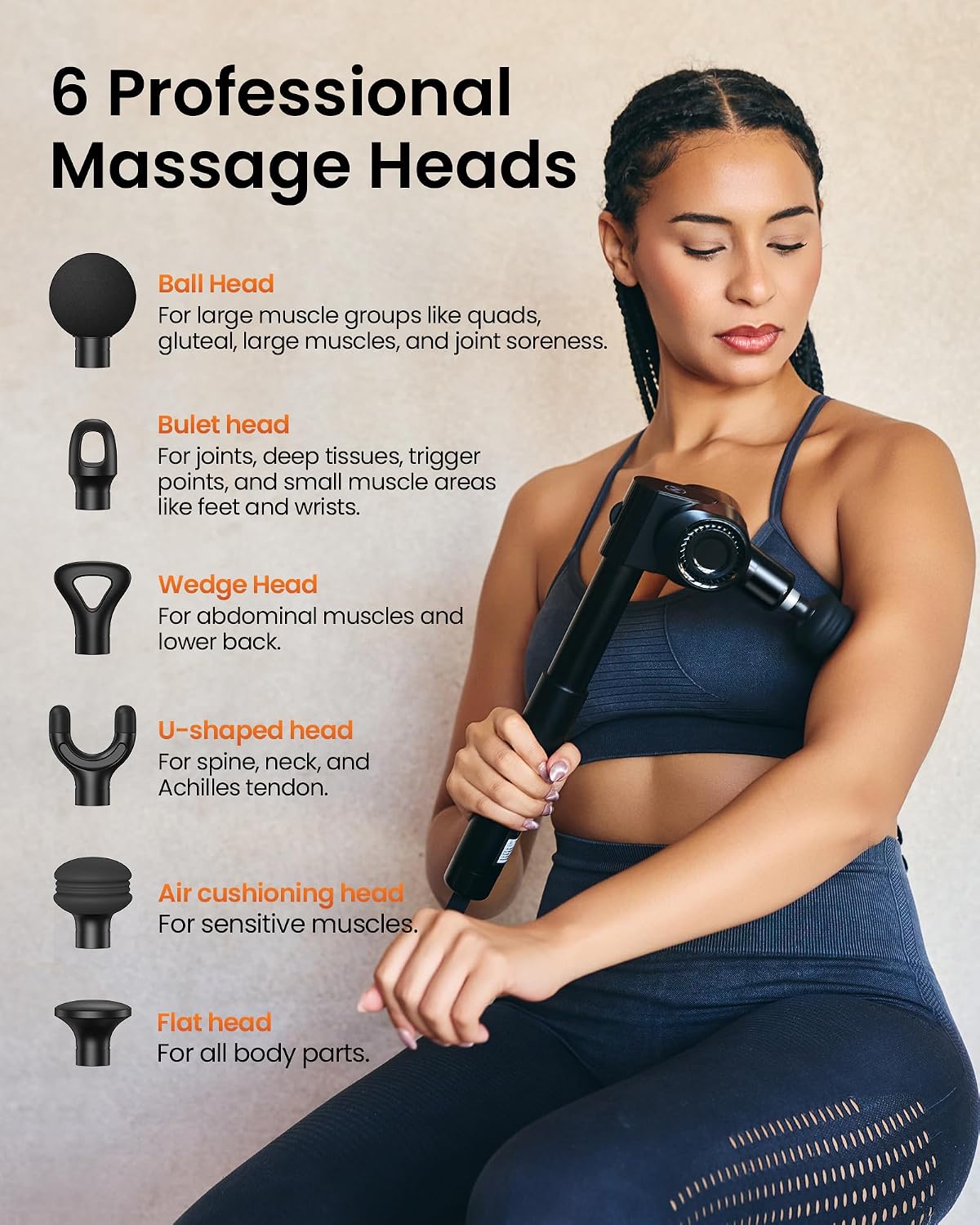 Foldable Massage Gun with Extension Handle & 5 Adjustable Angles,Deep Tissue Back Massage for Neck/Body Pain Relief,Handheld Percussion Muscle Massager,32 Speeds,6 Heads & Silent,with Case
