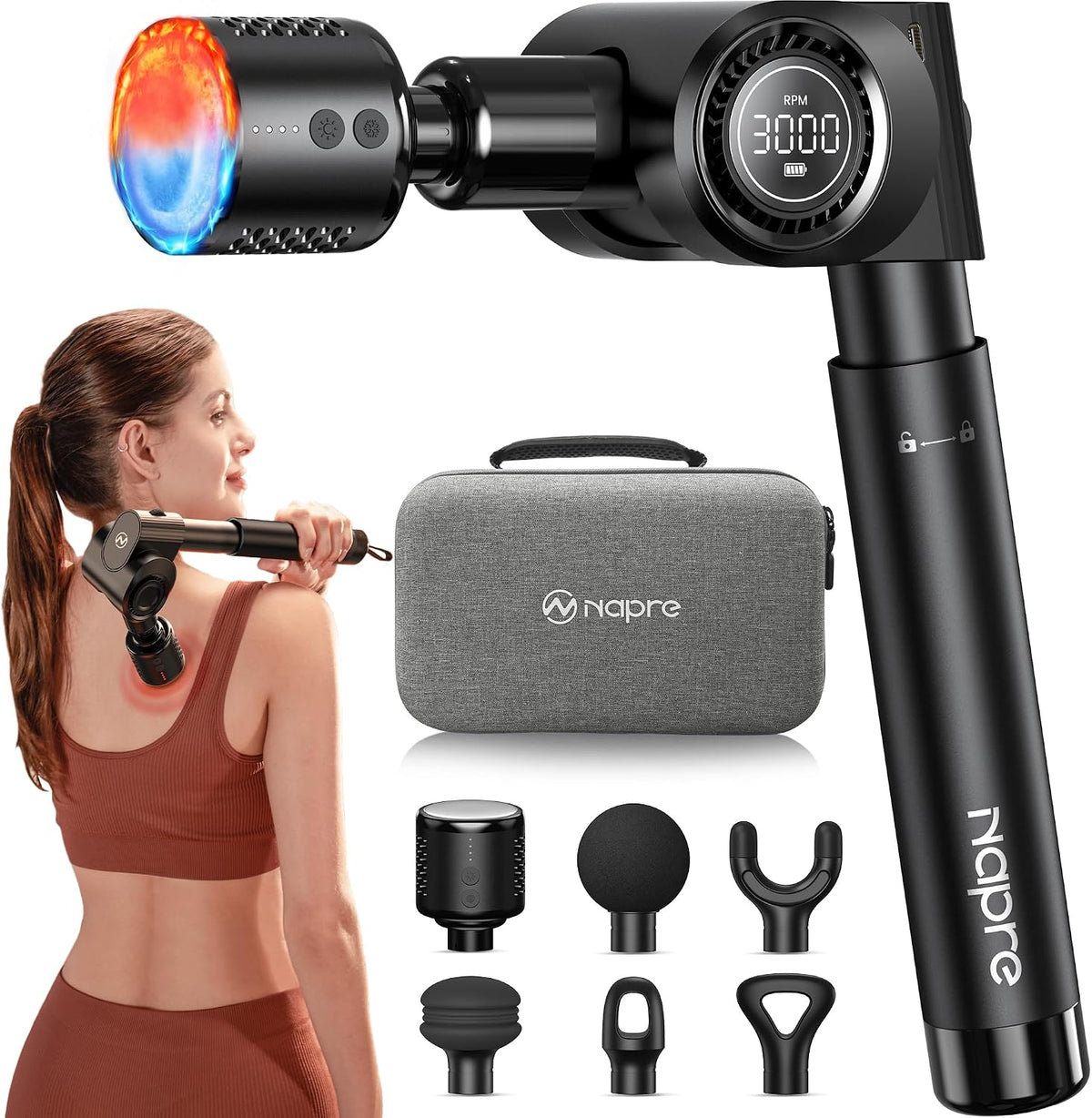 Foldable Massage Gun with Extension Handle & 5 Adjustable Angles,Deep Tissue Back Massage for Neck/Body Pain Relief,Handheld Percussion Muscle Massager,32 Speeds,6 Heads & Silent,with Case