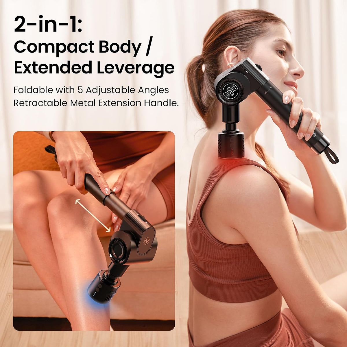 Foldable Massage Gun with Extension Handle & 5 Adjustable Angles,Deep Tissue Back Massage for Neck/Body Pain Relief,Handheld Percussion Muscle Massager,32 Speeds,6 Heads & Silent,with Case