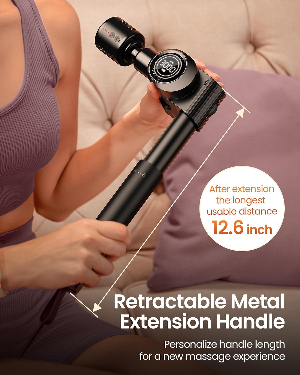 Foldable Massage Gun with Extension Handle & 5 Adjustable Angles,Deep Tissue Back Massage for Neck/Body Pain Relief,Handheld Percussion Muscle Massager,32 Speeds,6 Heads & Silent,with Case