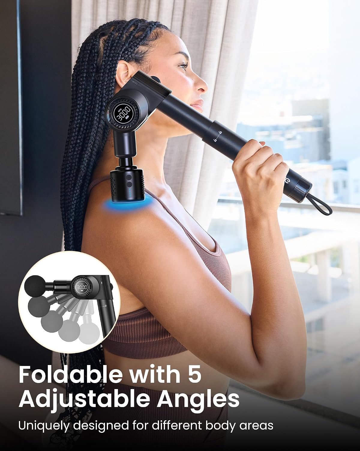 Foldable Massage Gun with Extension Handle & 5 Adjustable Angles,Deep Tissue Back Massage for Neck/Body Pain Relief,Handheld Percussion Muscle Massager,32 Speeds,6 Heads & Silent,with Case