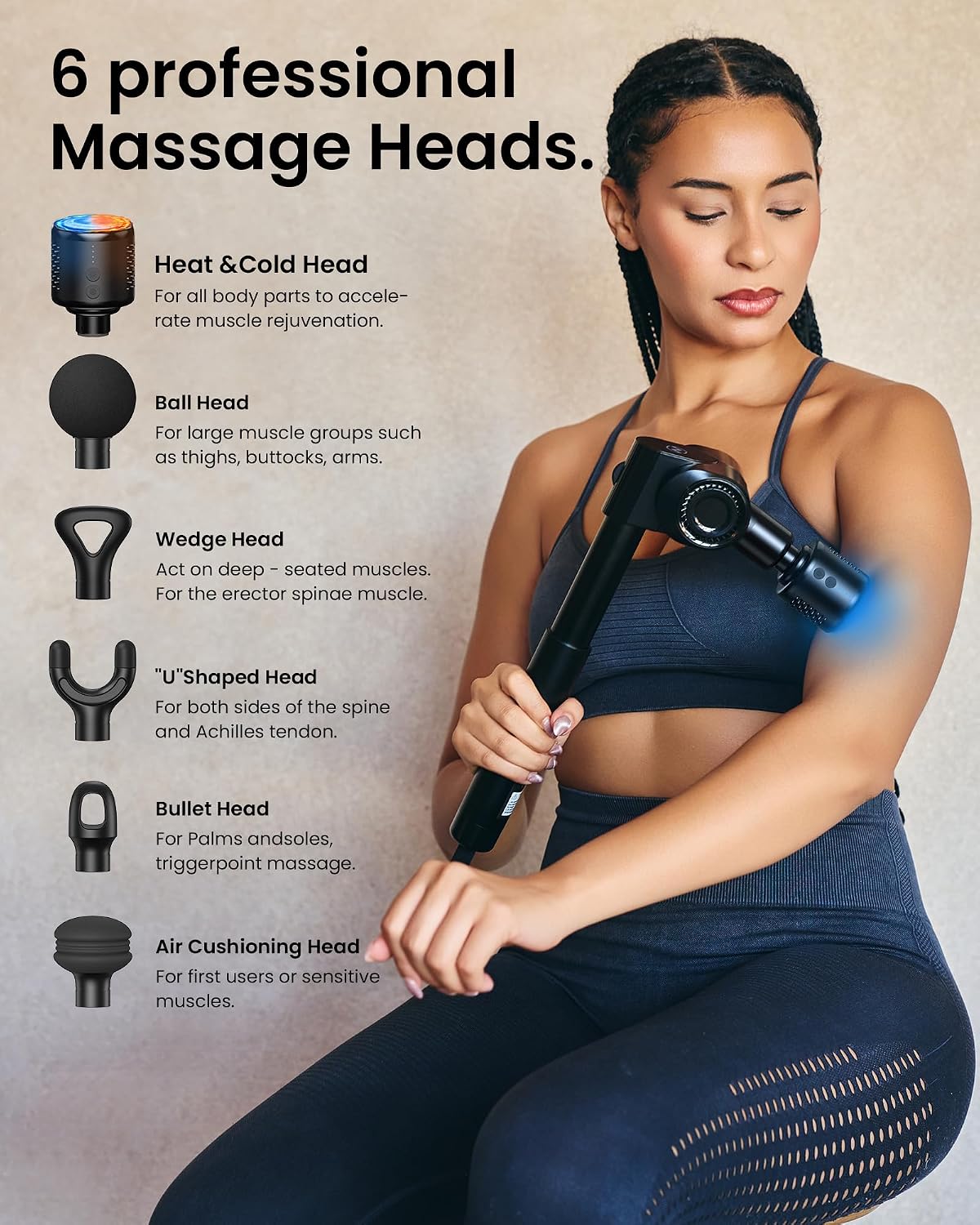 Foldable Massage Gun with Extension Handle & 5 Adjustable Angles,Deep Tissue Back Massage for Neck/Body Pain Relief,Handheld Percussion Muscle Massager,32 Speeds,6 Heads & Silent,with Case