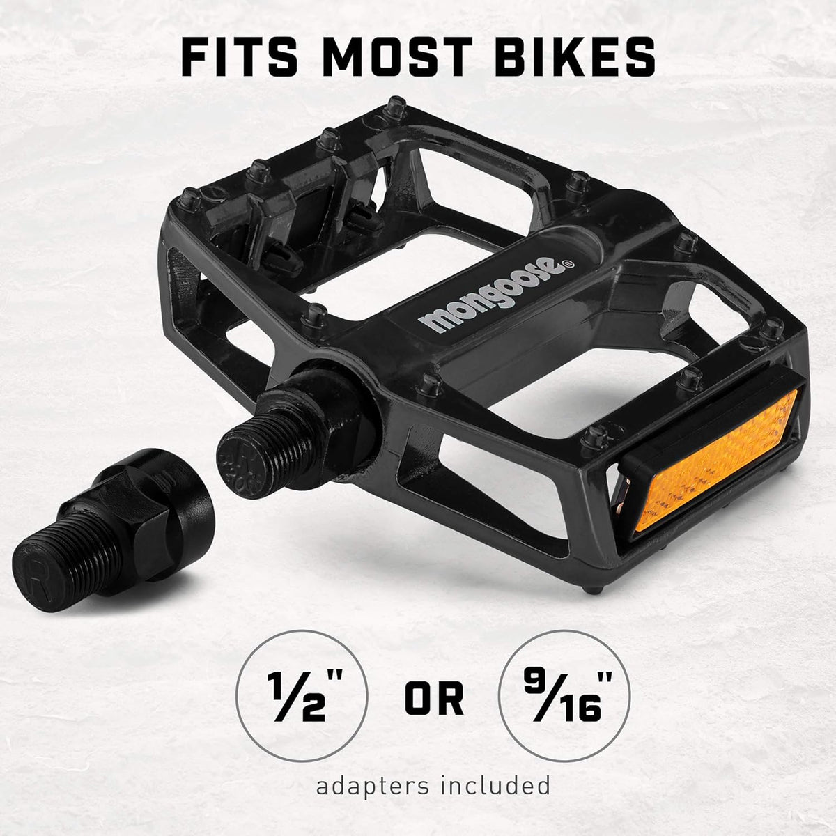 Mountain Bike Pedals, Black, Set of 2, Lightweight and Durable Alloy Stands Up to Tough Riding, with Reflectors, Fits 1/2" or 9/16" Cranks, Easy Installation, Replacement Bike Pedals