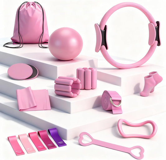 Pilates Equipment Kit for Home Workouts - 18pcs Set- 14'' Pilates Ring and Ball Set for Women, Pilates/Yoga Accessories Kit with Wrist Weights, Resistance Bands, Core Sliders, Yoga Strap