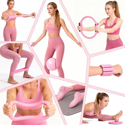 Pilates Equipment Kit for Home Workouts - 18pcs Set- 14'' Pilates Ring and Ball Set for Women, Pilates/Yoga Accessories Kit with Wrist Weights, Resistance Bands, Core Sliders, Yoga Strap