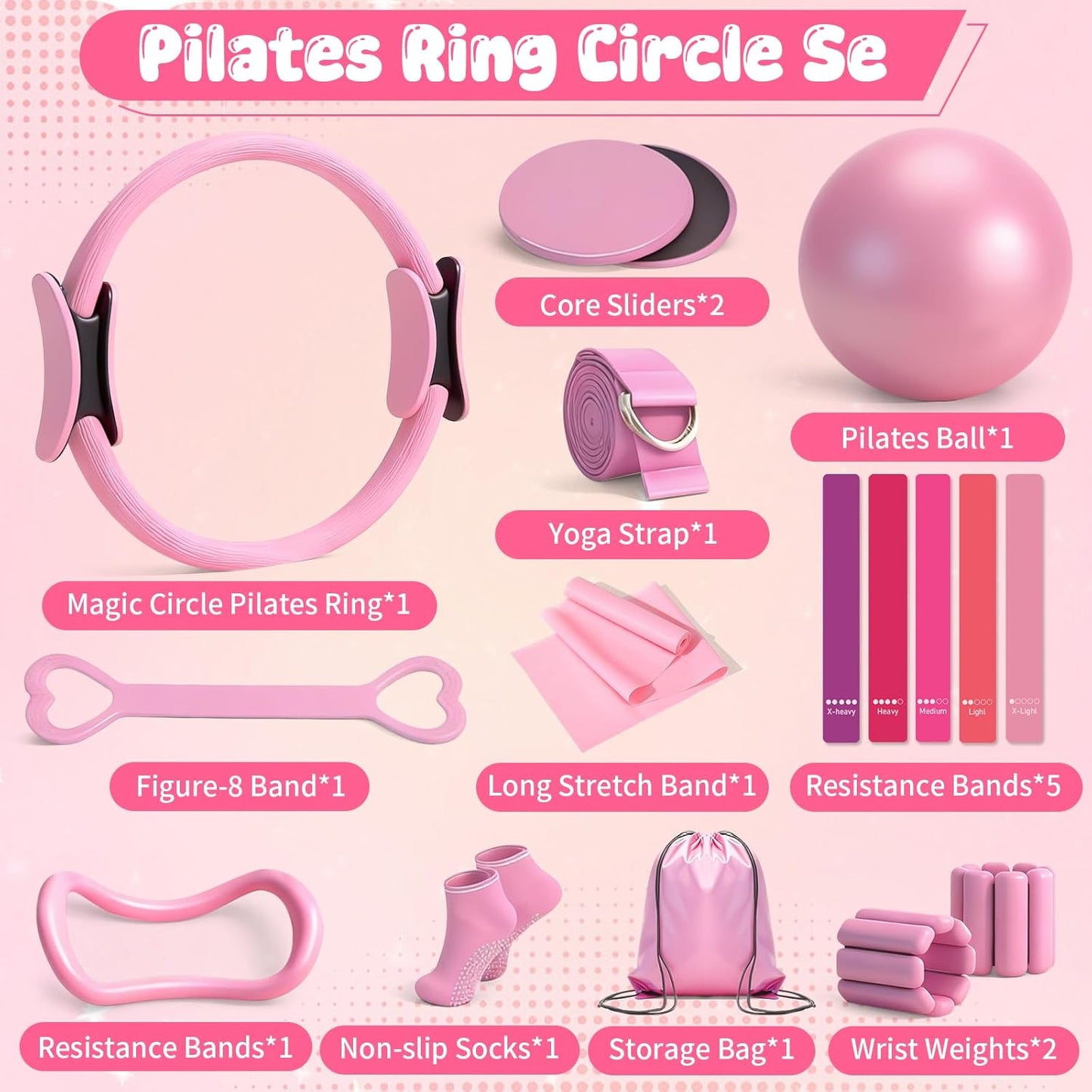 Pilates Equipment Kit for Home Workouts - 18pcs Set- 14'' Pilates Ring and Ball Set for Women, Pilates/Yoga Accessories Kit with Wrist Weights, Resistance Bands, Core Sliders, Yoga Strap