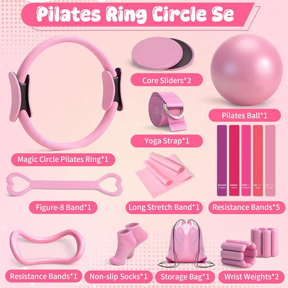 Pilates Equipment Kit for Home Workouts - 18pcs Set- 14'' Pilates Ring and Ball Set for Women, Pilates/Yoga Accessories Kit with Wrist Weights, Resistance Bands, Core Sliders, Yoga Strap