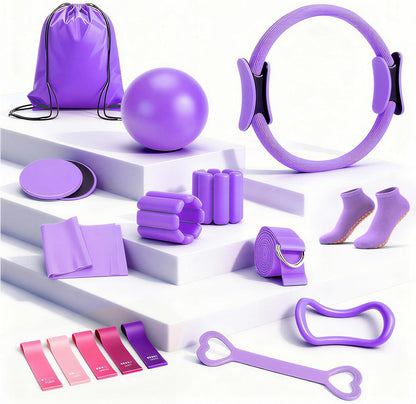 Pilates Equipment Kit for Home Workouts - 18pcs Set- 14'' Pilates Ring and Ball Set for Women, Pilates/Yoga Accessories Kit with Wrist Weights, Resistance Bands, Core Sliders, Yoga Strap