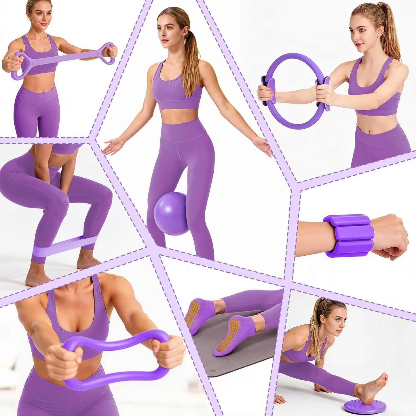 Pilates Equipment Kit for Home Workouts - 18pcs Set- 14'' Pilates Ring and Ball Set for Women, Pilates/Yoga Accessories Kit with Wrist Weights, Resistance Bands, Core Sliders, Yoga Strap