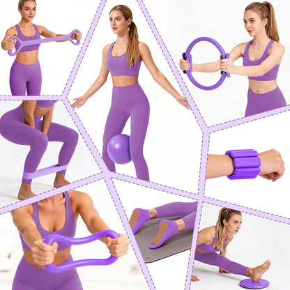 Pilates Equipment Kit for Home Workouts - 18pcs Set- 14'' Pilates Ring and Ball Set for Women, Pilates/Yoga Accessories Kit with Wrist Weights, Resistance Bands, Core Sliders, Yoga Strap