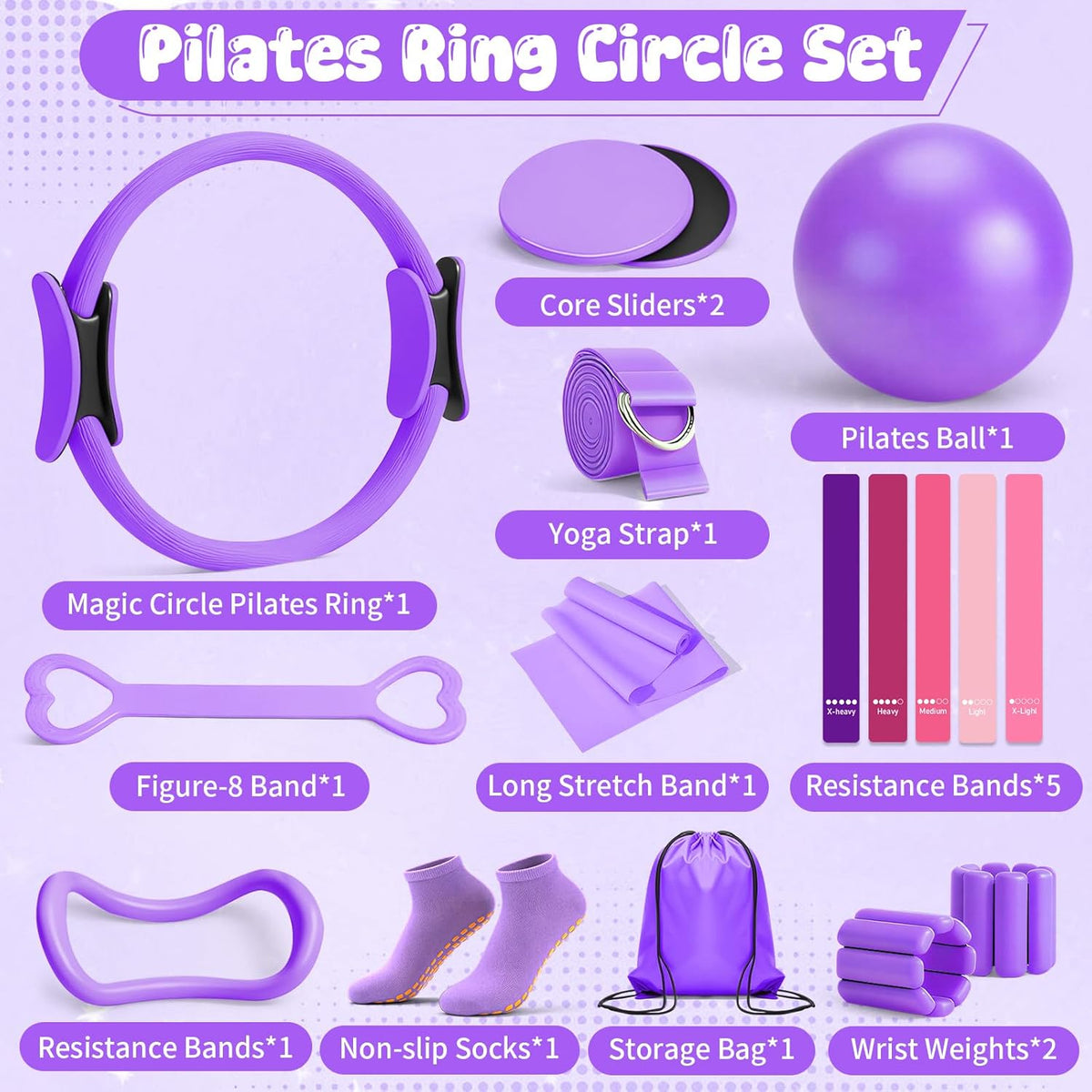 Pilates Equipment Kit for Home Workouts - 18pcs Set- 14'' Pilates Ring and Ball Set for Women, Pilates/Yoga Accessories Kit with Wrist Weights, Resistance Bands, Core Sliders, Yoga Strap
