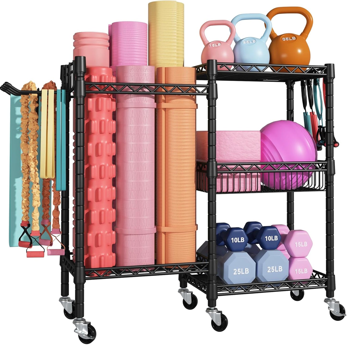 Home Gym Storage, 3 Tiers Workout Equipment Organizer with Wheels for Yoga Mats, Foam Roller, Dumbbells, Kettlebells, and Resistance Bands