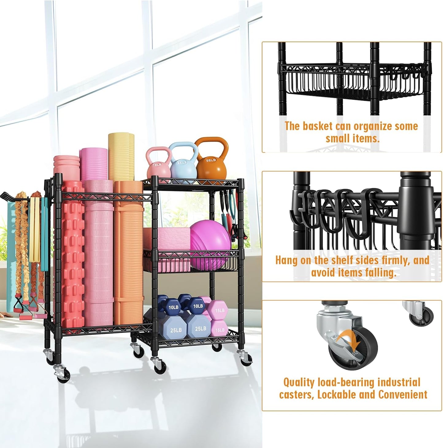 Home Gym Storage, 3 Tiers Workout Equipment Organizer with Wheels for Yoga Mats, Foam Roller, Dumbbells, Kettlebells, and Resistance Bands