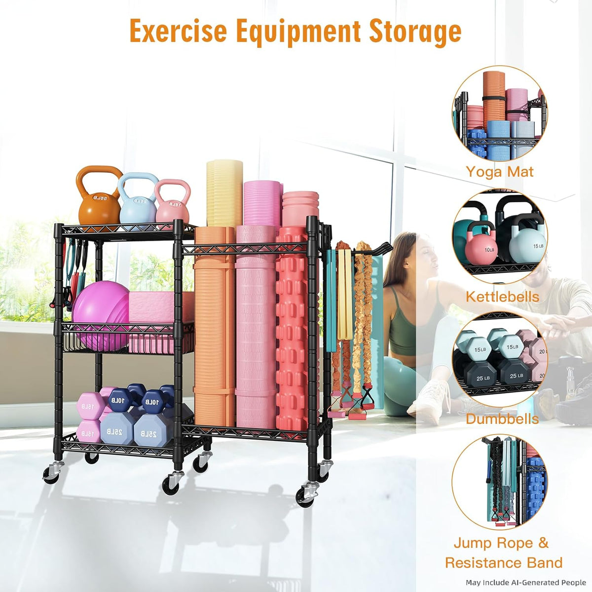 Home Gym Storage, 3 Tiers Workout Equipment Organizer with Wheels for Yoga Mats, Foam Roller, Dumbbells, Kettlebells, and Resistance Bands