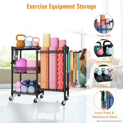 Home Gym Storage, 3 Tiers Workout Equipment Organizer with Wheels for Yoga Mats, Foam Roller, Dumbbells, Kettlebells, and Resistance Bands