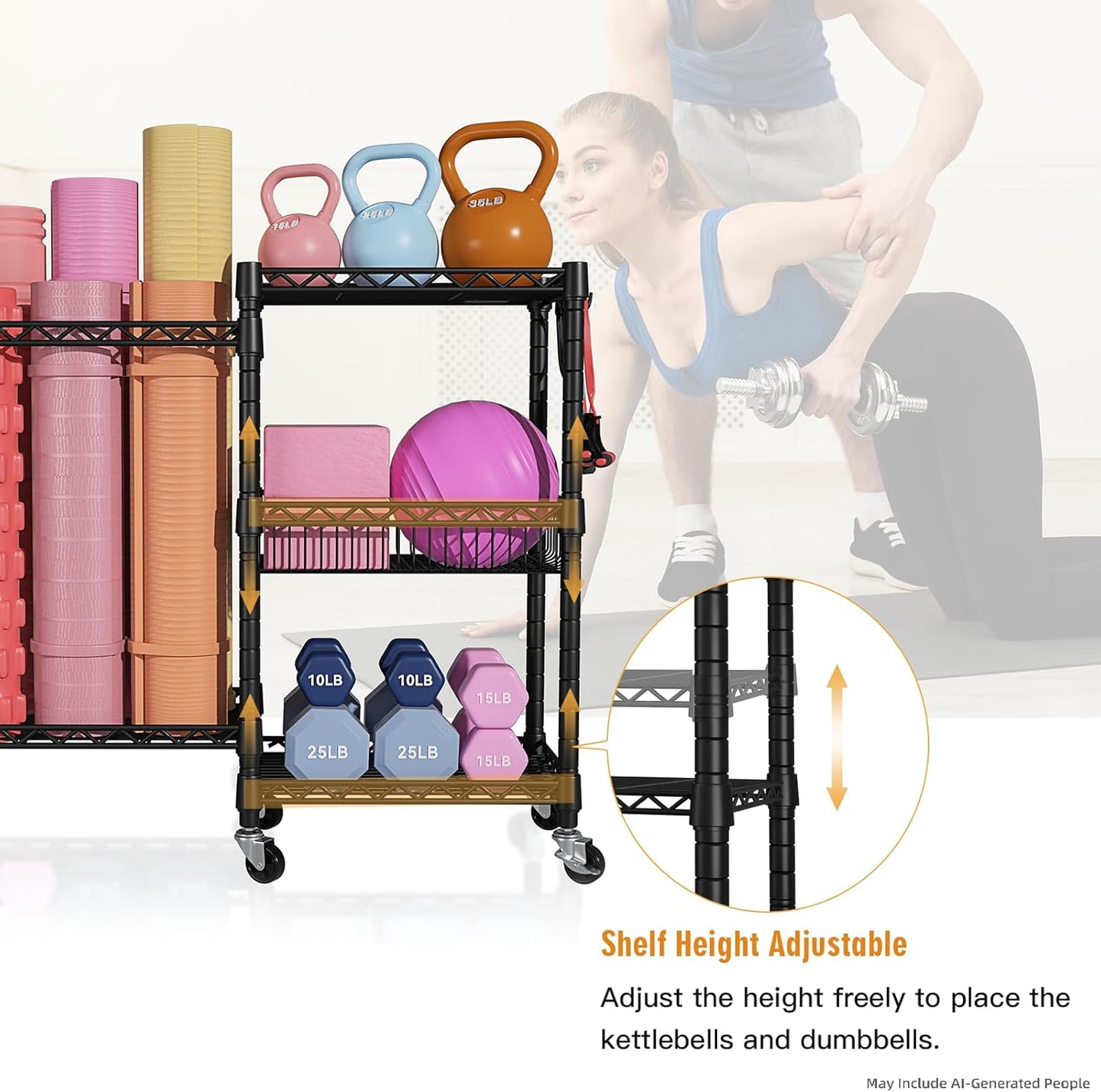 Home Gym Storage, 3 Tiers Workout Equipment Organizer with Wheels for Yoga Mats, Foam Roller, Dumbbells, Kettlebells, and Resistance Bands
