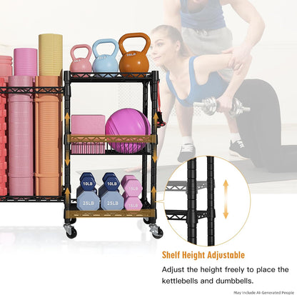 Home Gym Storage, 3 Tiers Workout Equipment Organizer with Wheels for Yoga Mats, Foam Roller, Dumbbells, Kettlebells, and Resistance Bands