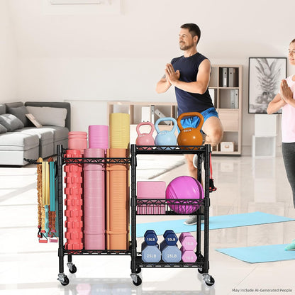 Home Gym Storage, 3 Tiers Workout Equipment Organizer with Wheels for Yoga Mats, Foam Roller, Dumbbells, Kettlebells, and Resistance Bands