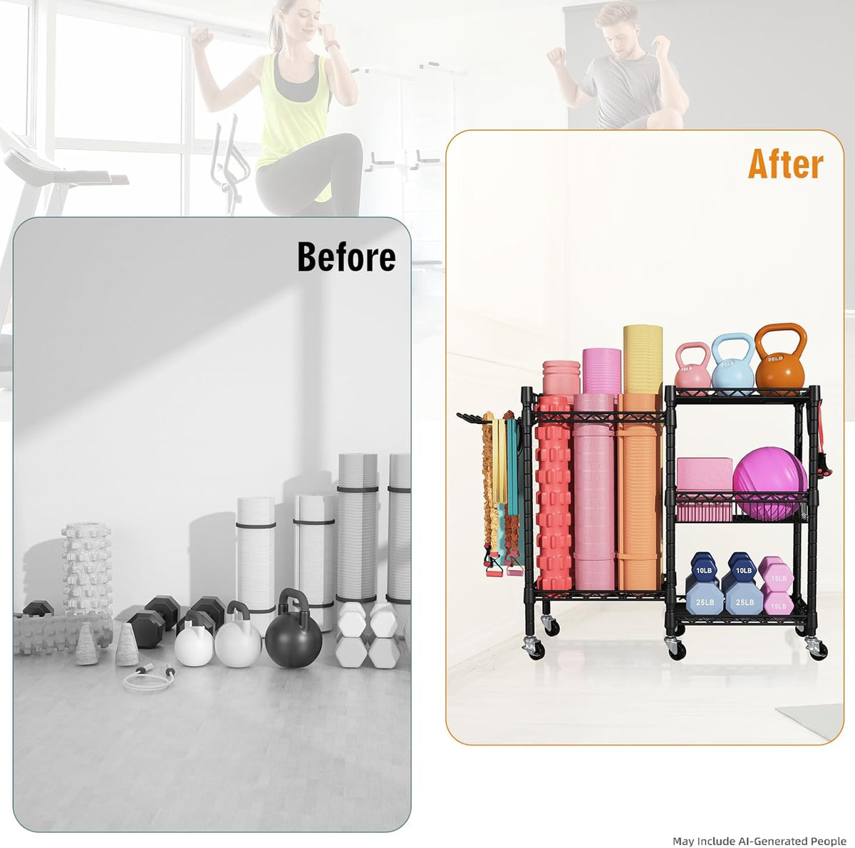 Home Gym Storage, 3 Tiers Workout Equipment Organizer with Wheels for Yoga Mats, Foam Roller, Dumbbells, Kettlebells, and Resistance Bands