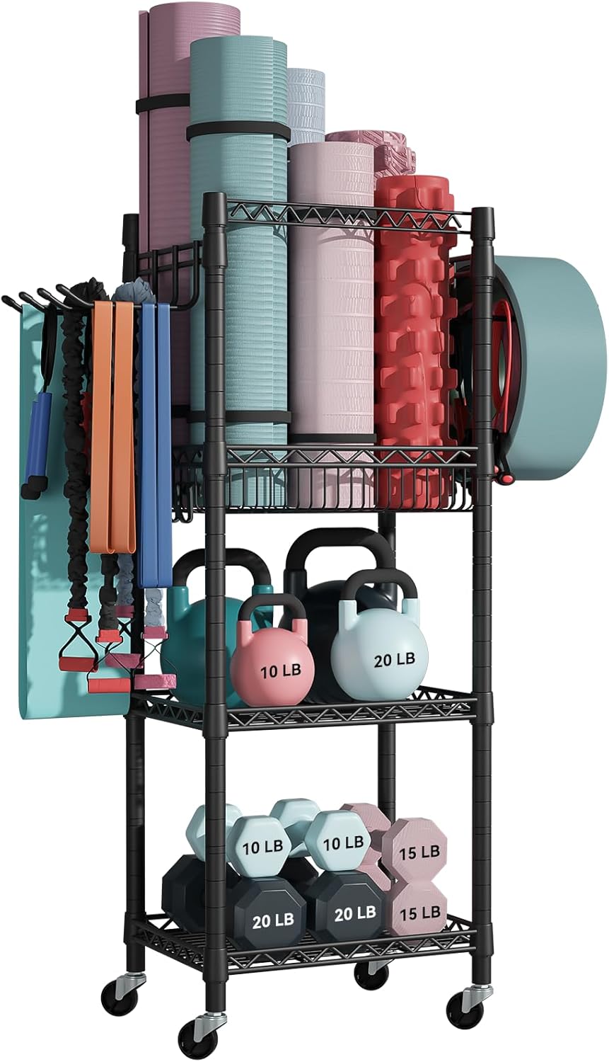 Home Gym Storage, 3 Tiers Workout Equipment Organizer with Wheels for Yoga Mats, Foam Roller, Dumbbells, Kettlebells, and Resistance Bands
