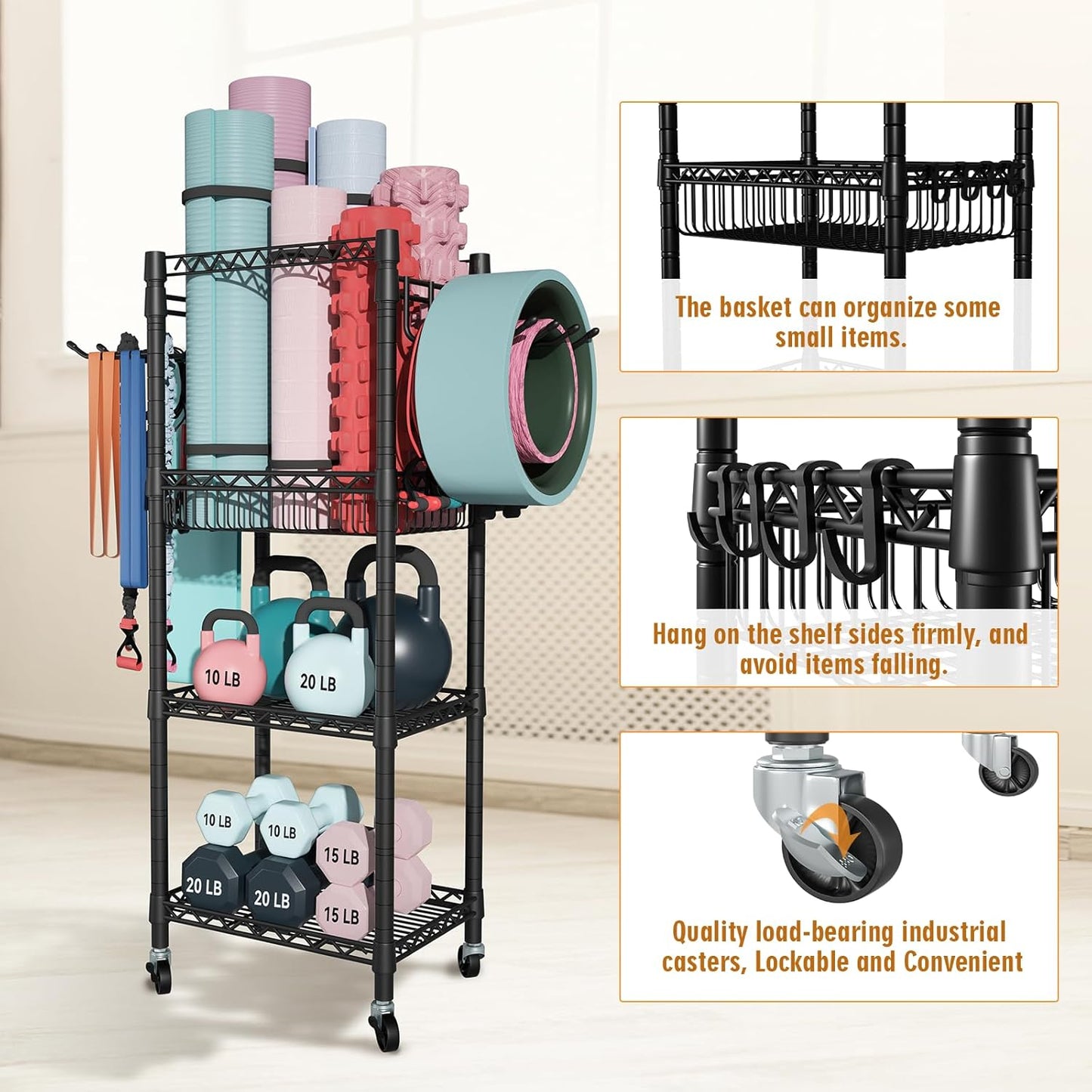 Home Gym Storage, 3 Tiers Workout Equipment Organizer with Wheels for Yoga Mats, Foam Roller, Dumbbells, Kettlebells, and Resistance Bands