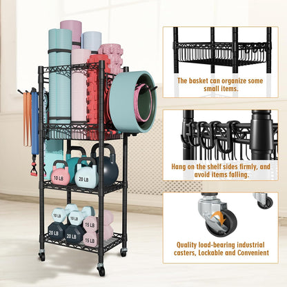 Home Gym Storage, 3 Tiers Workout Equipment Organizer with Wheels for Yoga Mats, Foam Roller, Dumbbells, Kettlebells, and Resistance Bands