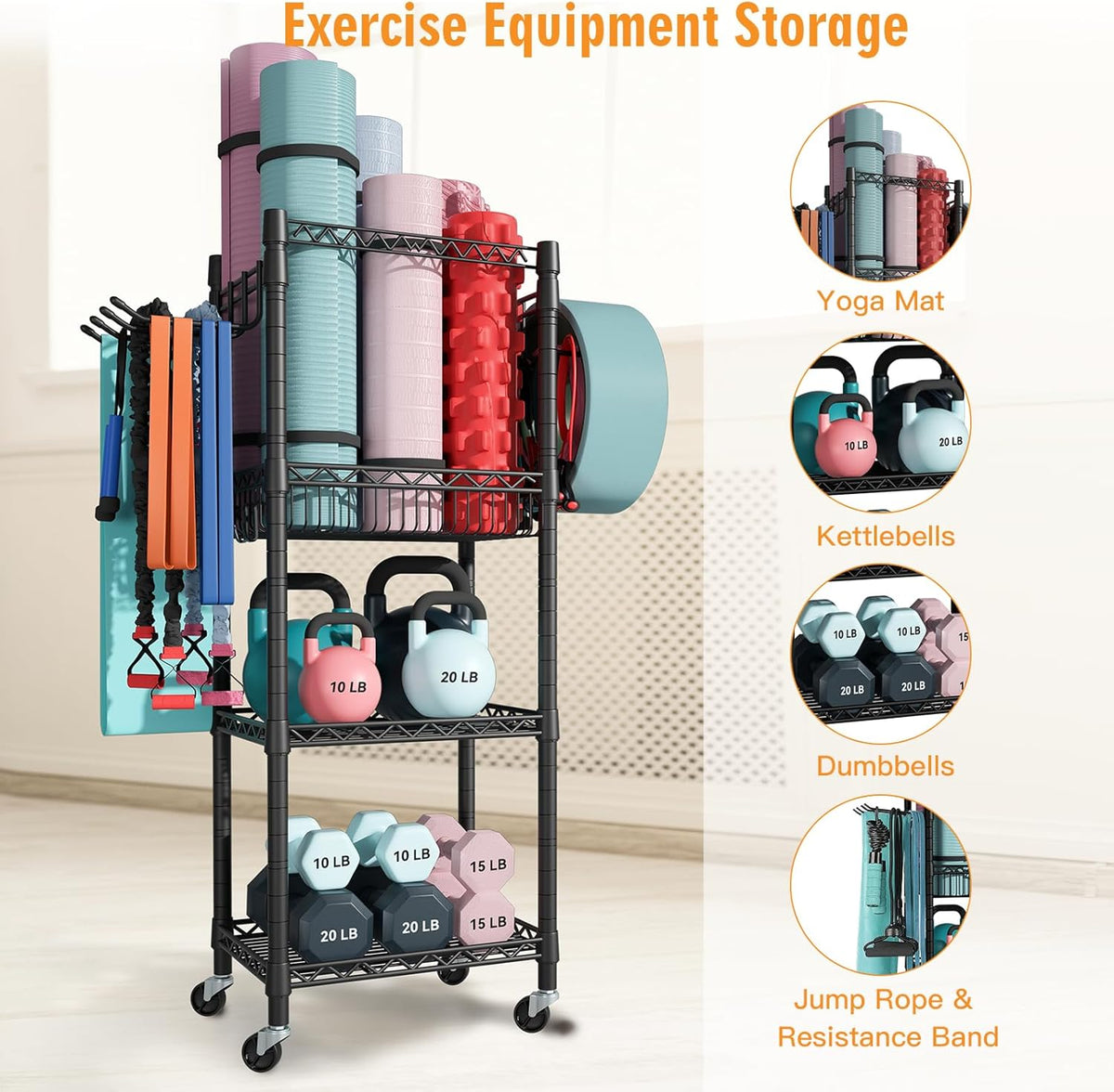 Home Gym Storage, 3 Tiers Workout Equipment Organizer with Wheels for Yoga Mats, Foam Roller, Dumbbells, Kettlebells, and Resistance Bands