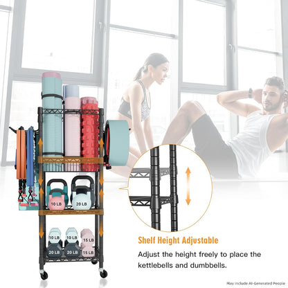 Home Gym Storage, 3 Tiers Workout Equipment Organizer with Wheels for Yoga Mats, Foam Roller, Dumbbells, Kettlebells, and Resistance Bands