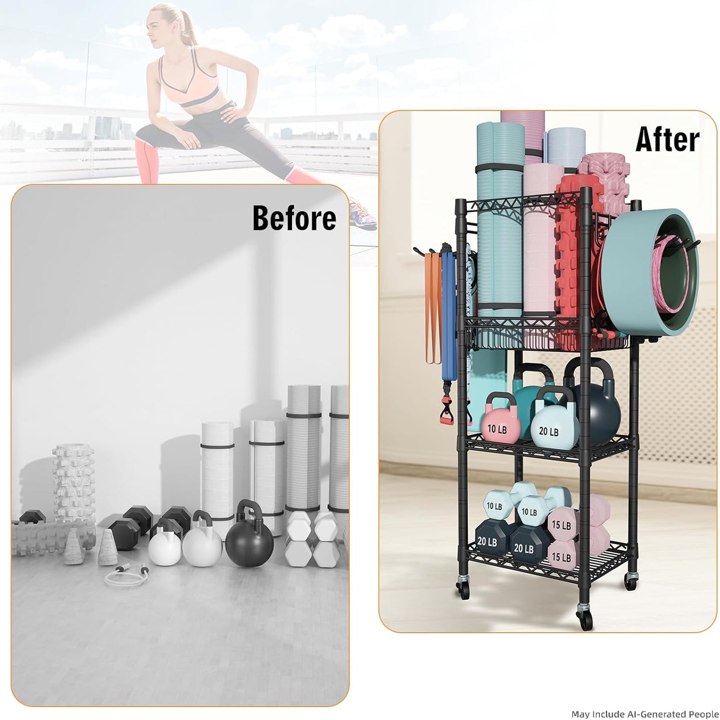 Home Gym Storage, 3 Tiers Workout Equipment Organizer with Wheels for Yoga Mats, Foam Roller, Dumbbells, Kettlebells, and Resistance Bands