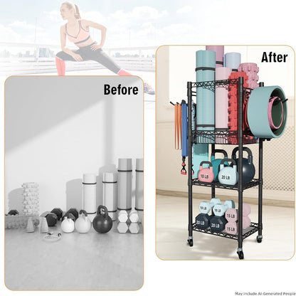 Home Gym Storage, 3 Tiers Workout Equipment Organizer with Wheels for Yoga Mats, Foam Roller, Dumbbells, Kettlebells, and Resistance Bands